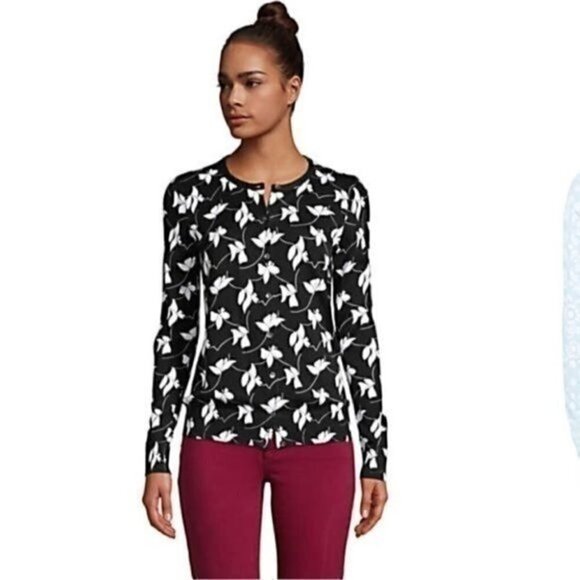 Lands End 100% Supima Cotton Button Front Novelty Leaf Print Cardigan Sweater - Picture 1 of 9